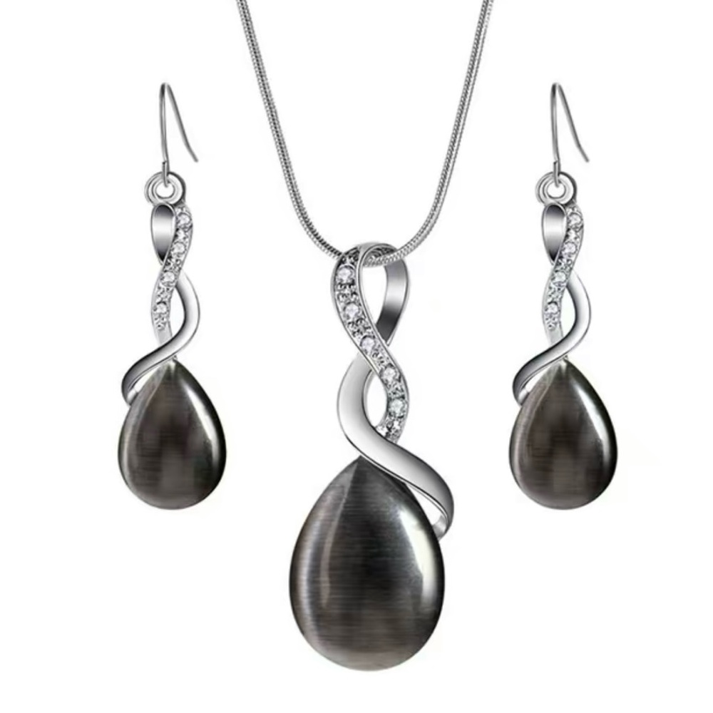 Elegant Fashion  Silver and Black Opal Jewelry Set